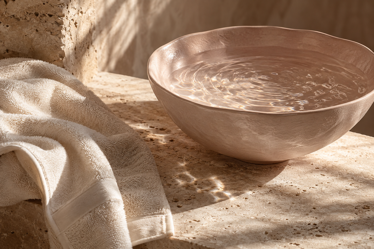 Soft sunlight on a blush ceramic bowl and ivory towel
