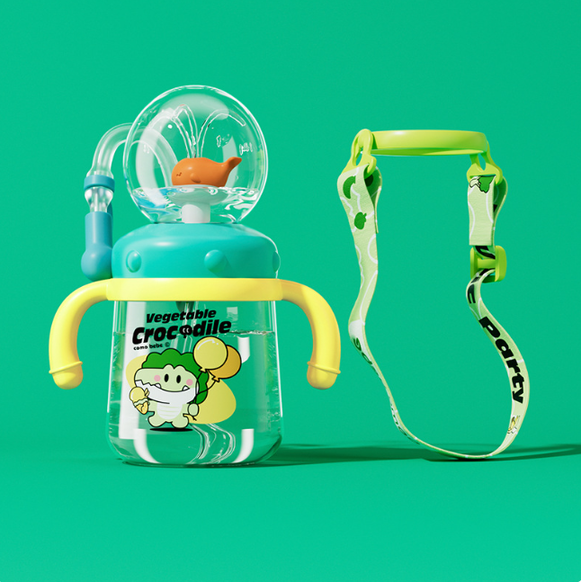 子供用クジラ漫画ダイビング噴水ウォーターボトル - トライタン漏れ防止ストローカップ（各種サイズ・カラー）