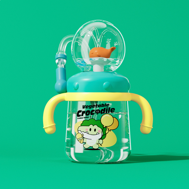 子供用クジラ漫画ダイビング噴水ウォーターボトル - トライタン漏れ防止ストローカップ（各種サイズ・カラー）